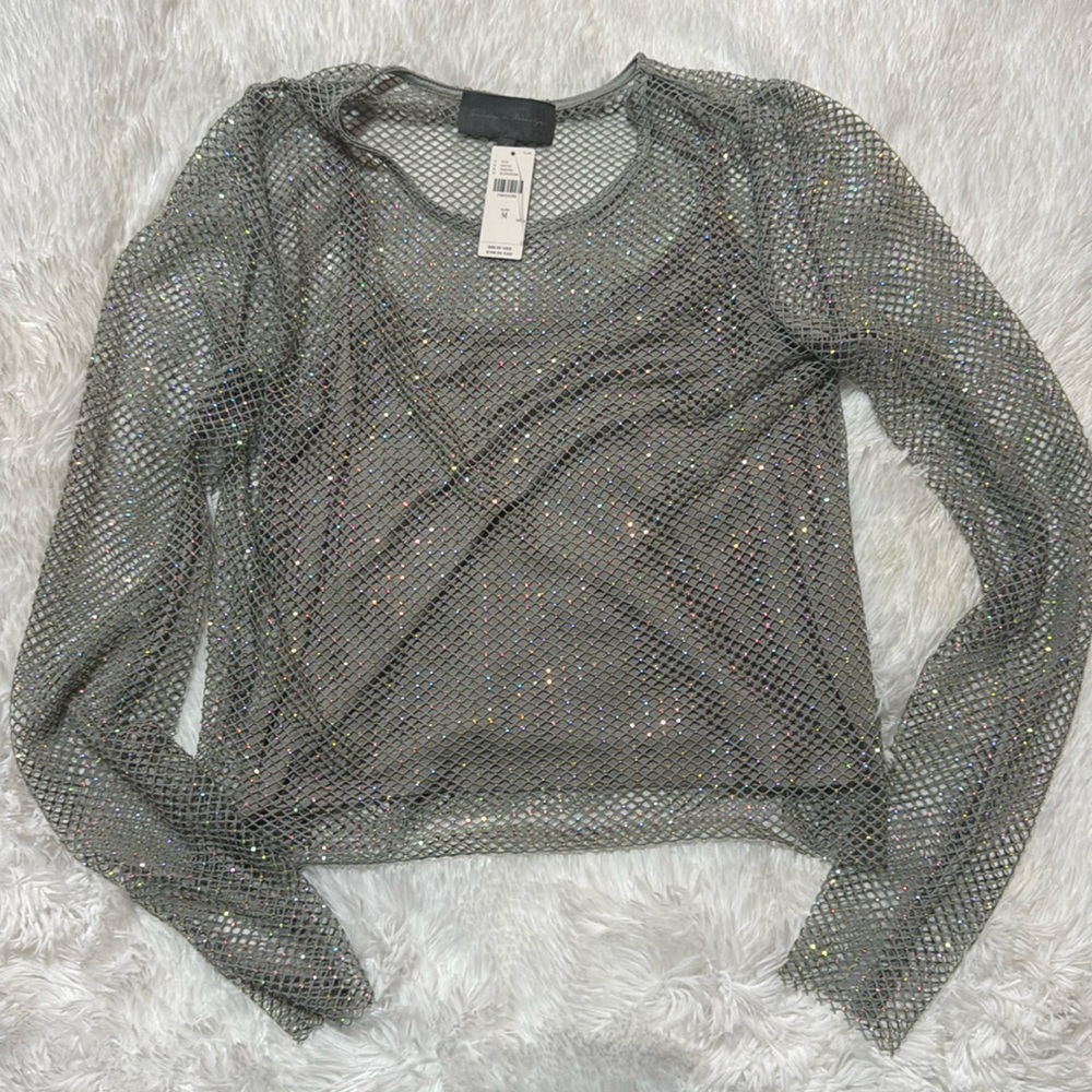 Sunday in Brooklyn Anthropologie Mesh Gray Top w/ sparkle gems NWT